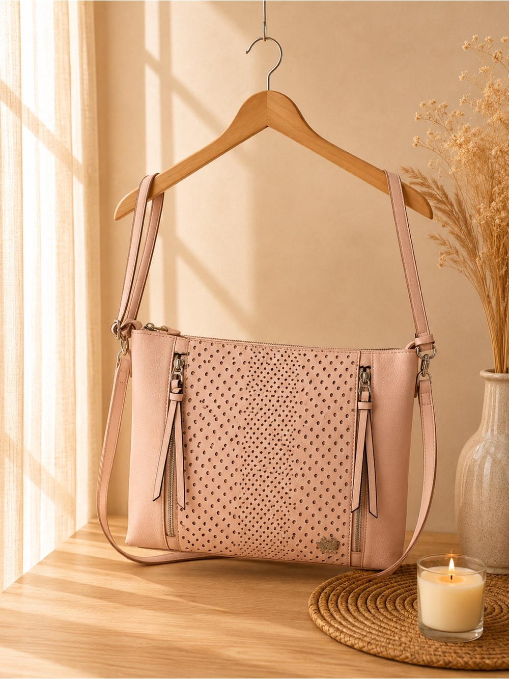 Perforated Shoulder Bag in Blush Pink - Elegant Everyday